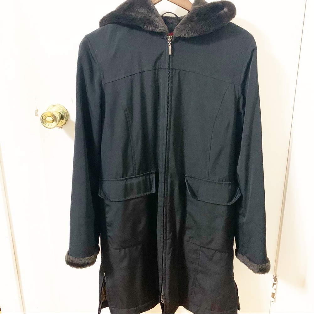 🎁 Ann Klein black faux fur hood winter zip coat Small
